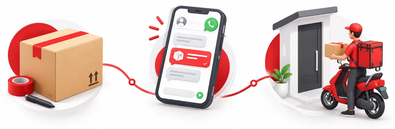 Tres pasos: preparas tu paquete, recibes la cotización por WhatsApp y un repartidor lo entrega