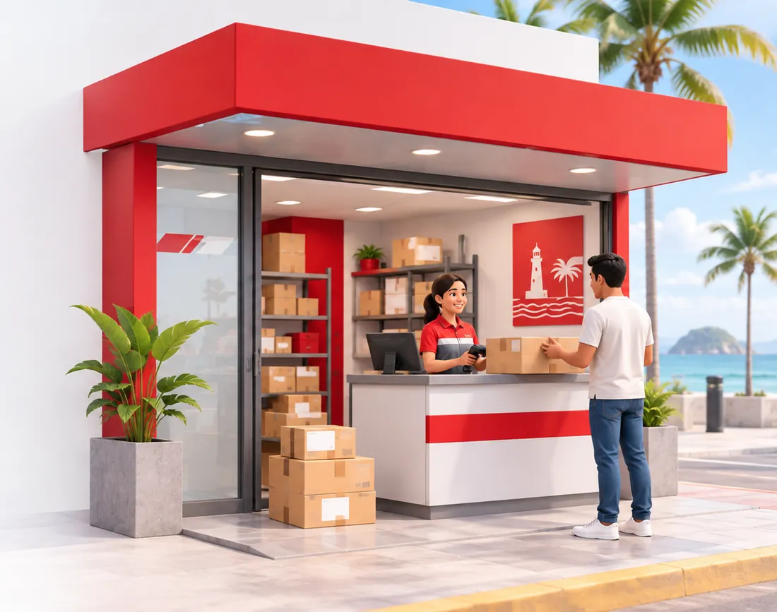 Punto de atención de J&T Express en Mazatlán, con mostrador y paquetes