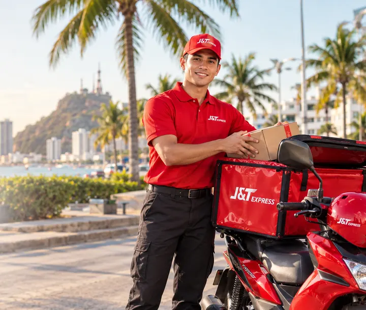 Repartidor de J&T Express acomodando un paquete en su moto en el paseo costero