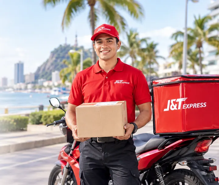 Repartidor de J&T Express sonriendo con una caja junto a su moto, frente al mar